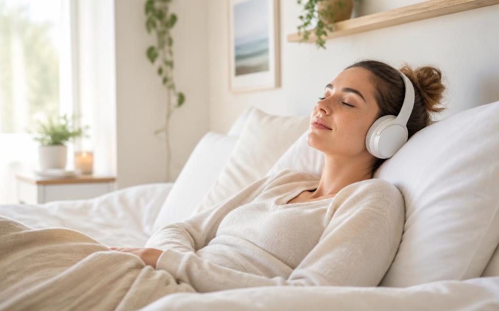 Person resting with headphones during a sleep hypnosis session